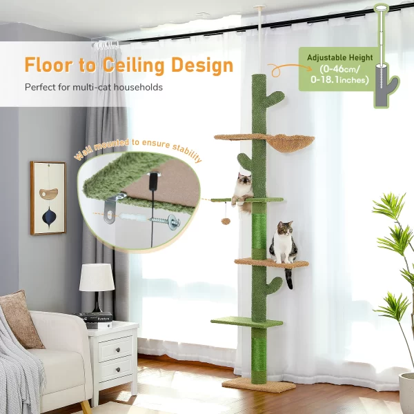 5-Tier Floor to Ceiling Cat Tree Tower Cactus Tall Climbing Tree with Scratching Post Hammock Dangling Ball for Indoor Cats - Image 3