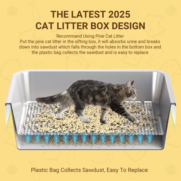 XL Stainless Steel Cat litter box, Sifting Cat Litter Box for Wood Pine Pellets, for large cats, Odor control, Easy Clean - Image 2