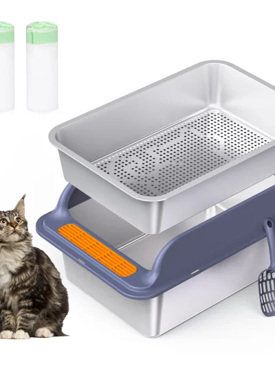 XL Stainless Steel Cat litter box, Sifting Cat Litter Box for Wood Pine Pellets, for large cats, Odor control, Easy Clean