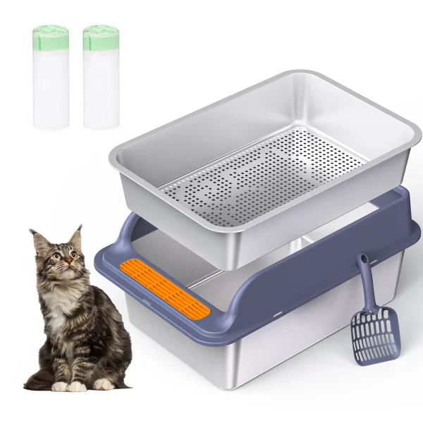 XL Stainless Steel Cat litter box, Sifting Cat Litter Box for Wood Pine Pellets, for large cats, Odor control, Easy Clean