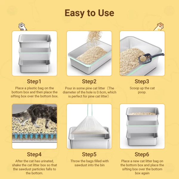 XL Stainless Steel Cat litter box, Sifting Cat Litter Box for Wood Pine Pellets, for large cats, Odor control, Easy Clean - Image 5