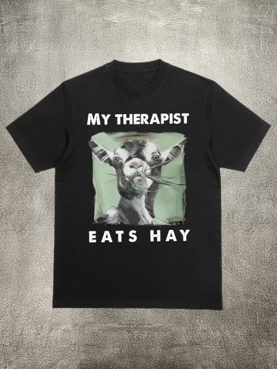 200g Cotton Unisex T - Shirt, "My Therapist Eats Hay" Fun Pattern, Heat - Transfer Printed, for Daily Casual Wear