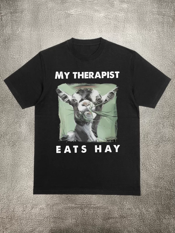 200g Cotton Unisex T - Shirt, "My Therapist Eats Hay" Fun Pattern, Heat - Transfer Printed, for Daily Casual Wear