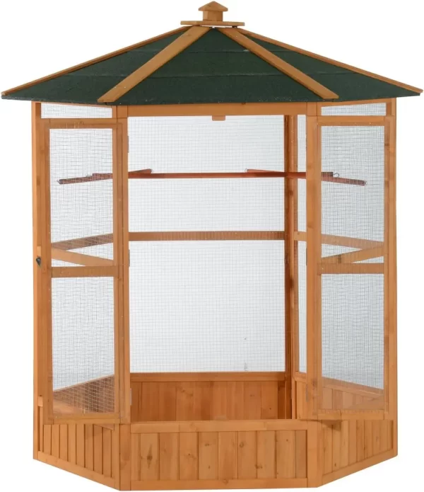 Large Wooden Hexagonal Outdoor Aviary Flight Bird Cage with Covered Roof - Image 6