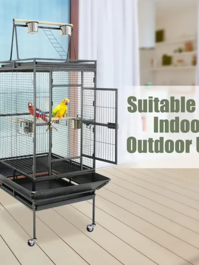 Playtop Parrot Cage, Wrought Iron Bird Cage with Rolling Stand, Heavy-Duty Pet Bird House