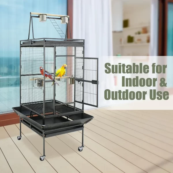 Playtop Parrot Cage, Wrought Iron Bird Cage with Rolling Stand, Heavy-Duty Pet Bird House