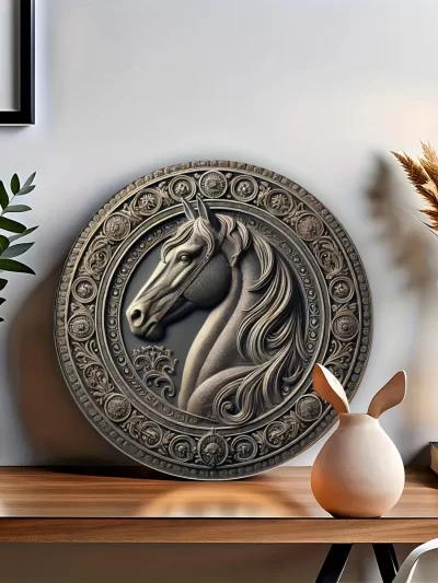 Rustic Iron Horse Wall Art - 8x8" Round Aluminum Metal Sign for Living Room u0026 Patio Decor, Unique Home Gift