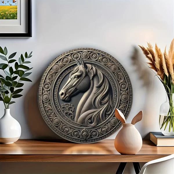 Rustic Iron Horse Wall Art - 8x8" Round Aluminum Metal Sign for Living Room u0026 Patio Decor, Unique Home Gift