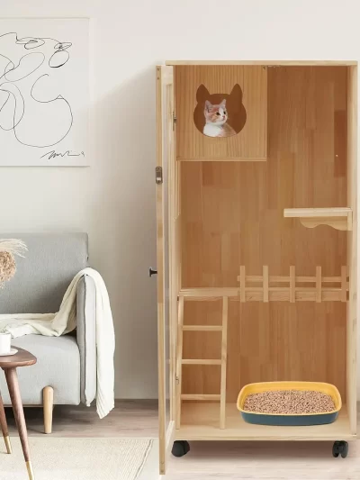 Large Wooden Cat House for Cats, Multi-Feature Cat Condo Cat Enclosures