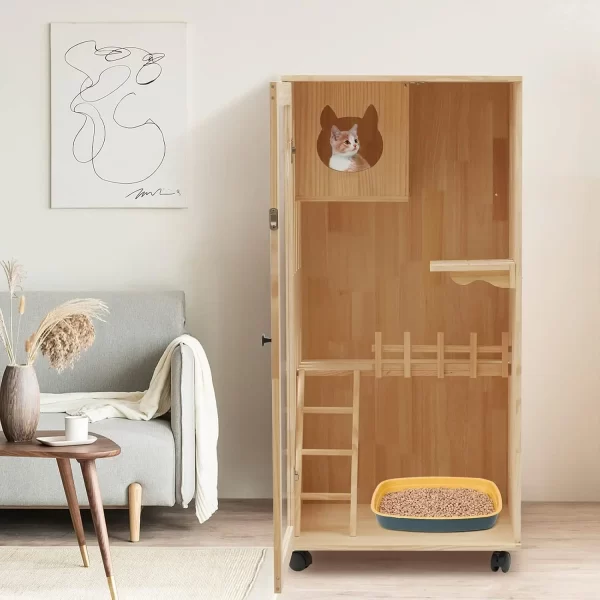 Large Wooden Cat House for Cats, Multi-Feature Cat Condo Cat Enclosures