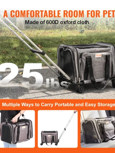 SucceBuy Pet Cat Carrier Breathable Outgoing Dog Carry Backpack with Telescopic Handle Wheels and Shoulder Strap for Travel Trip