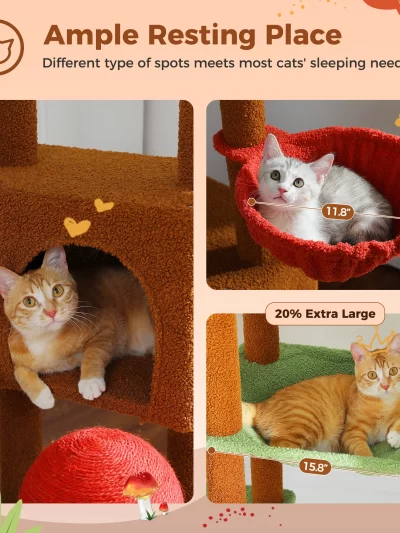 Adjustable Cat Tree, Floor to Ceiling Cat Condo, Hanging Ball, 5 Scratching Posts, Hammock, Ample Resting Place for Cats