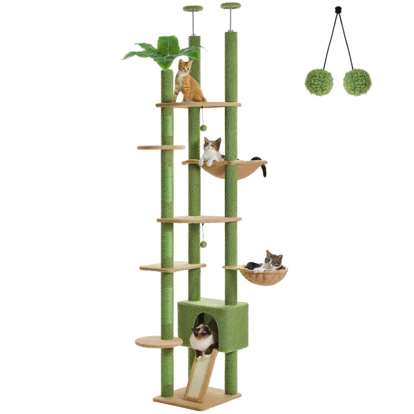 Adjustable Cat Tree, Floor to Ceiling Cat Condo, Hanging Ball, 5 Scratching Posts, Hammock, Ample Resting Place for Cats - Image 5
