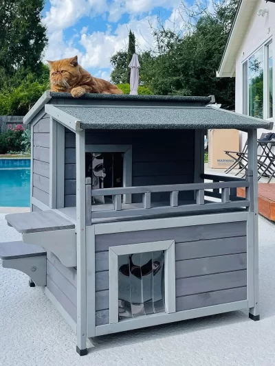 Outdoor Cat House Wooden Kitty Shelter with Large Balcony, Escape Door, Waterproof
