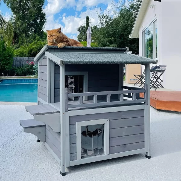 Outdoor Cat House Wooden Kitty Shelter with Large Balcony, Escape Door, Waterproof