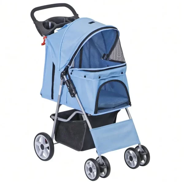 Blue 4 Wheel Pet Stroller for Cat Dog Foldable Carrier Jogger Travel with Basket - Image 7