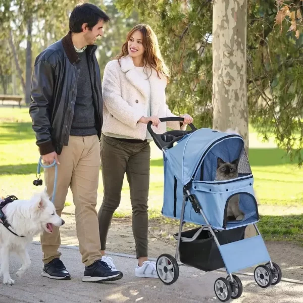 Blue 4 Wheel Pet Stroller for Cat Dog Foldable Carrier Jogger Travel with Basket - Image 2