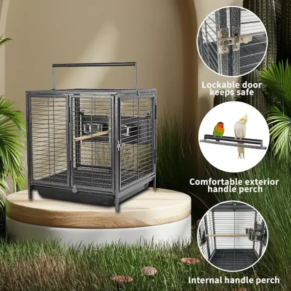 Portable Bird Travel Carrier Cage Black 19 Inch with Handle, Wooden Perch, Parrot Travel cage Medium Birds for Cockatiels, - Image 4