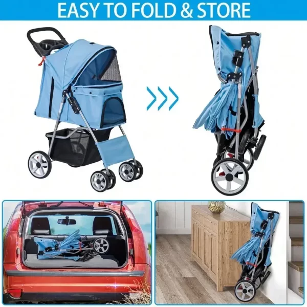 Blue 4 Wheel Pet Stroller for Cat Dog Foldable Carrier Jogger Travel with Basket - Image 4