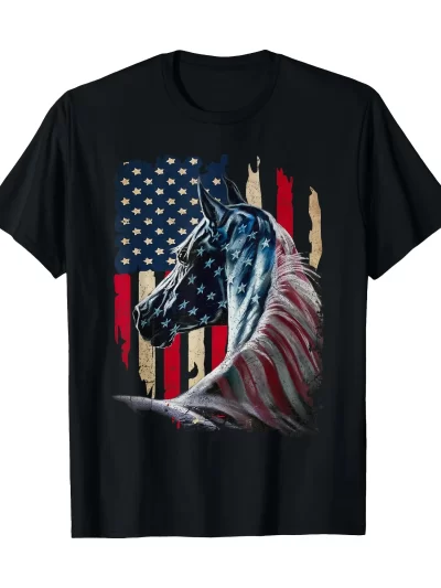 Mens/Womens Patriotic American Flag Horse Graphic T-Shirt - 100% Cotton, Short Sleeve, Casual Fit