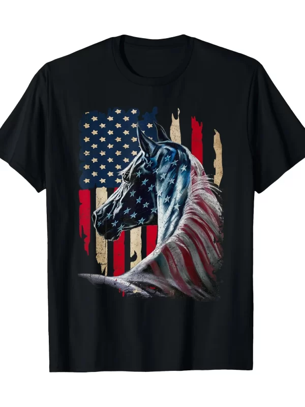 Mens/Womens Patriotic American Flag Horse Graphic T-Shirt - 100% Cotton, Short Sleeve, Casual Fit