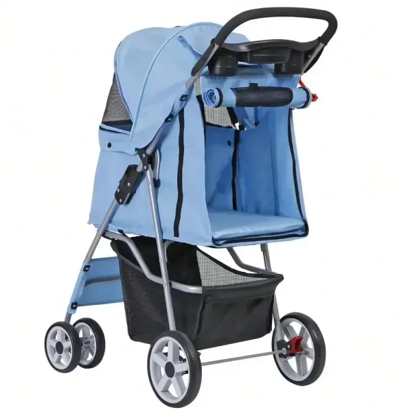 Blue 4 Wheel Pet Stroller for Cat Dog Foldable Carrier Jogger Travel with Basket - Image 6