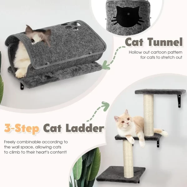 7-in-1 Wall Mounted Cat Climber Set, Cat Furniture Set with House, Bridge, Tree, Steps, Scratcher, DIY Playground, Shelves - Image 4
