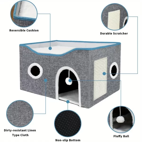 Extra-Wide Cat House for Indoor Cats - Large Cat Cave for Pet Cat House with Fluffy Ball Hanging and Scratch Pad, Foldable - Image 5