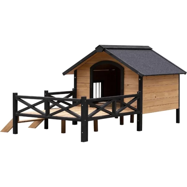 Outdoor Large Kennel Dog Crate - Wooden House with Window Cabin House Style Wooden Dogs Kennel with Porch Patio  Bed - Image 2