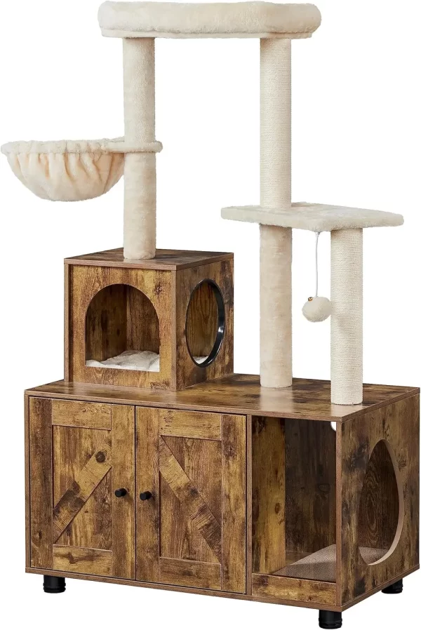 Cat Tree, All-in-one Indoor Kitten House w/Scratching Posts, Wooden Cat Litter Box Furniture - Image 8