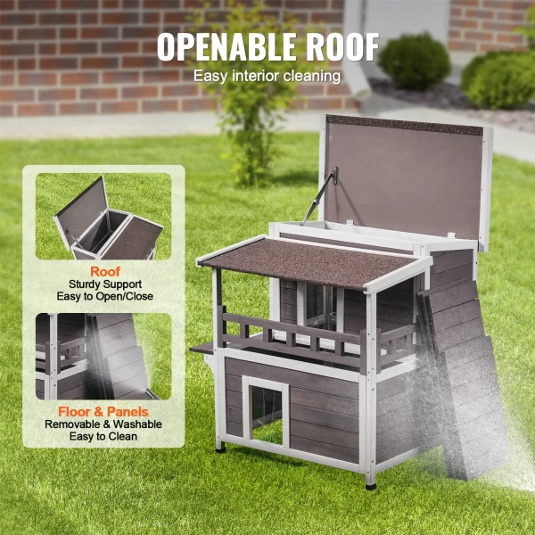 VEVOR Outdoor Cat House Weatherproof Feral Cat Shelter 2-story Large Outdoor Wooden Cat House with Balcony Door and Open Roof - Image 4