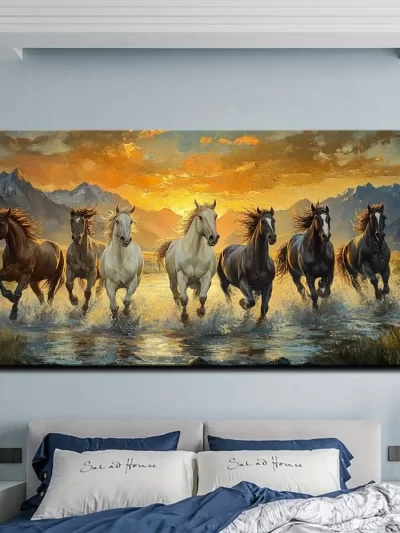 Elegant Feng Shui Seven horse canvas wall art with pine frame
