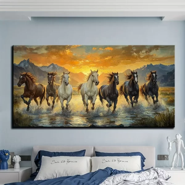 Elegant Feng Shui Seven horse canvas wall art with pine frame