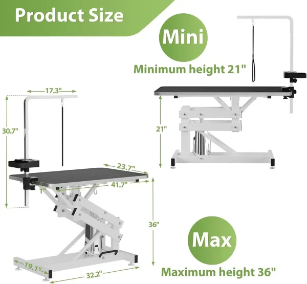 Hydraulic Pet Grooming Table w/Anti-Static Table Top, Heavy Duty Z-Lift Dog Grooming Table/21-36 w/Armrests/Leash Covers - Image 5