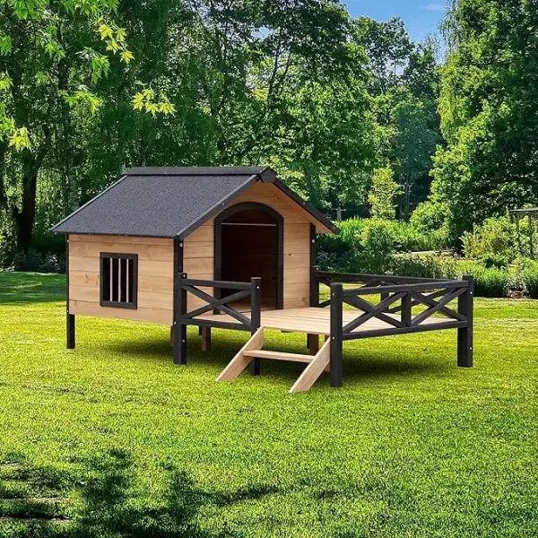 Outdoor Large Kennel Dog Crate - Wooden House with Window Cabin House Style Wooden Dogs Kennel with Porch Patio  Bed - Image 7