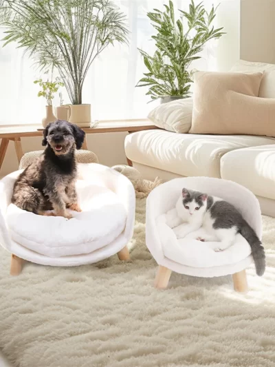 Luxury Cat Bed Soft Warm Plush Fabric Pet Nesting Chair Bed Stool Wood Legs with Cushion Pad Washable Waterproof