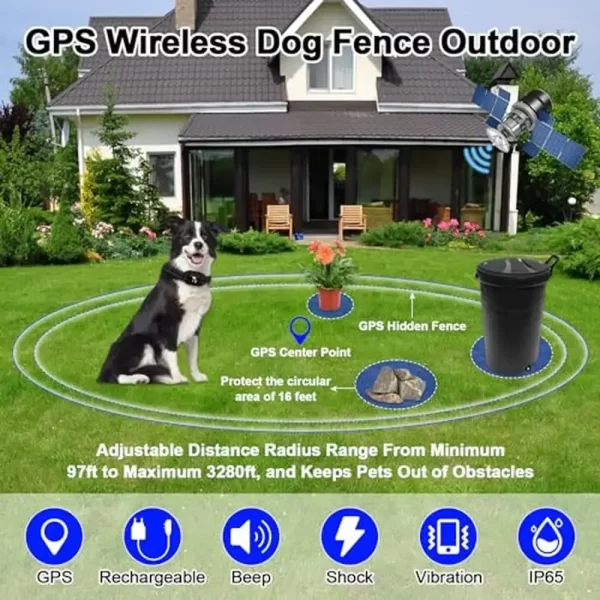 Wireless Pet Fence GPS System 2-in-1 Boundary & Obstacle Protection Range 97-3280ft