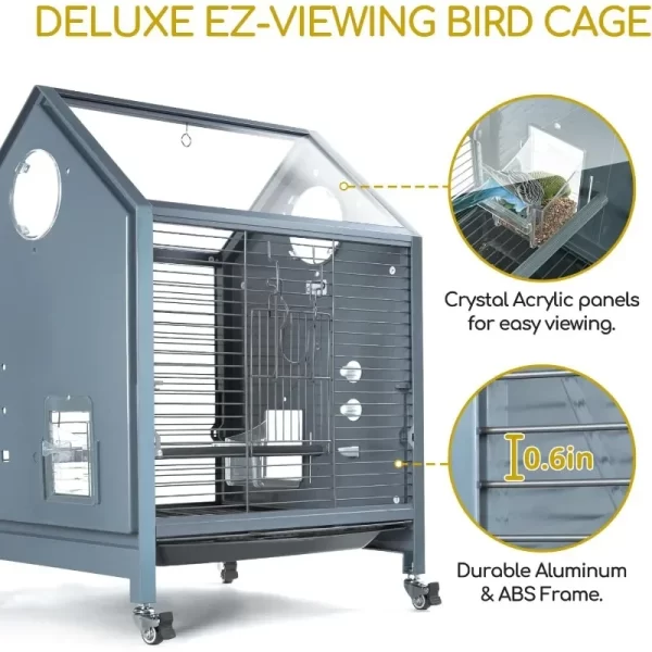Acrylic Bird Cage, 25 Inch Deluxe Rolling  Cage with Acrylic Panel Medium Bird Cage Kit with Bird Feeders, Water Bottle, - Image 3