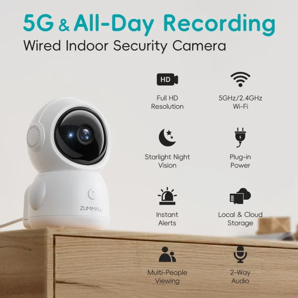 ZUMIMALL Wired security Camera, 5G/2.4G WiFi Baby/Pet Monitor with Camera and Audio,One-Click Call, Auto Tracking, Cry/PIR/AI - Image 2