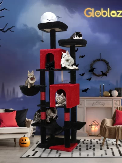 F69 Gothic Cat Tree, 69inch Tall Goth Cat Tree for Indoor Cats Large Adult, Red and Black Cat Tree Tower, Halloween Cat Tower