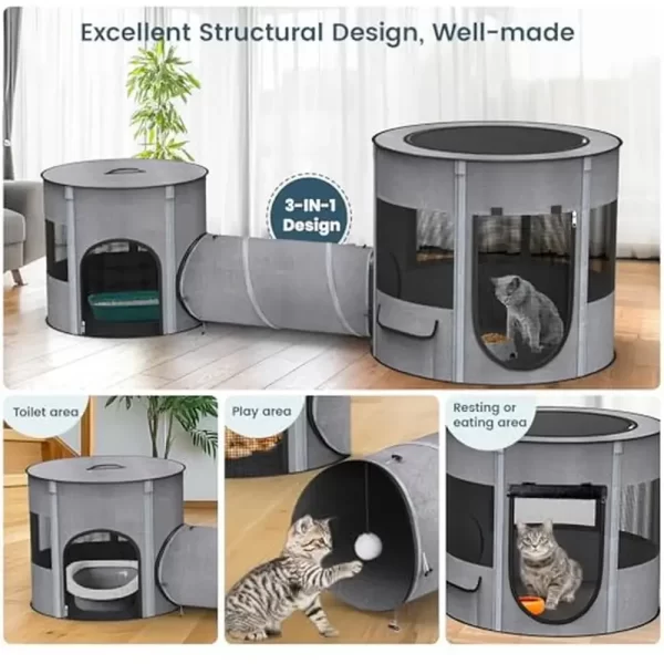 Portable Cat Playpen Tunnel 3-in-1 Foldable Puppy Pen Waterproof Bottom 2-Room Separable Pet Tent Enclosed Mesh Separable Doors - Image 4