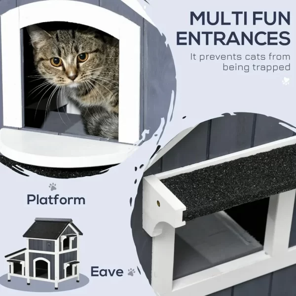 Outdoor Cat House with Weather-Resistant Roof & Garden Bed, Outdoor Cat Shelter Enclosure with Multiple Entrances, Modern - Image 3