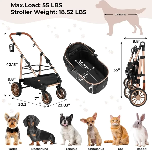 360° Rubber Wheels and Shock Absorption Dog Buggy Stroller Box Can Be Attached in Car, Transport Foldable Pet Stroller Max.40 kg - Image 4