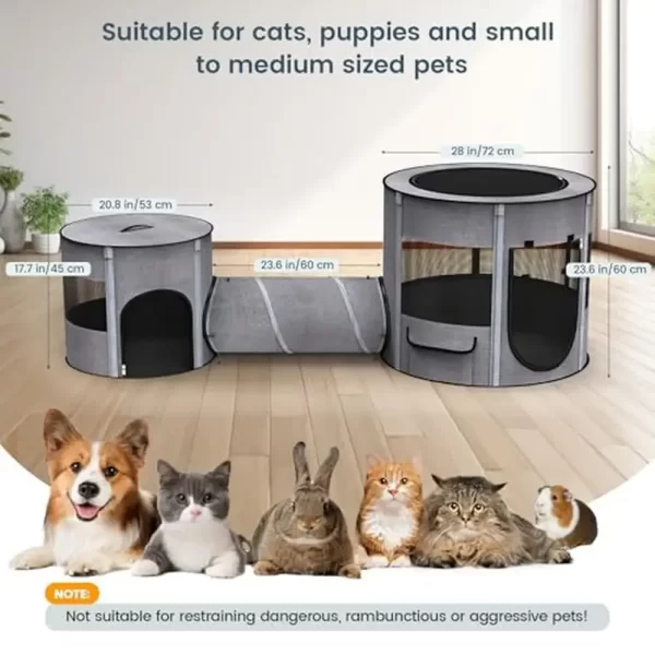 Portable Cat Playpen Tunnel 3-in-1 Foldable Puppy Pen Waterproof Bottom 2-Room Separable Pet Tent Enclosed Mesh Separable Doors - Image 6