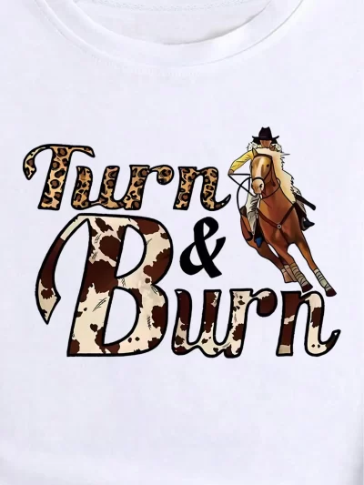 Women's Casual Short Sleeve T-Shirt with Cowboy & Horse Print, "Turn & Burn" Leopard Lettering, Fashion Round Neck Tee