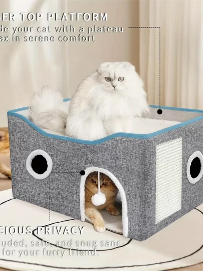 Extra-Wide Cat House for Indoor Cats - Large Cat Cave for Pet Cat House with Fluffy Ball Hanging and Scratch Pad, Foldable