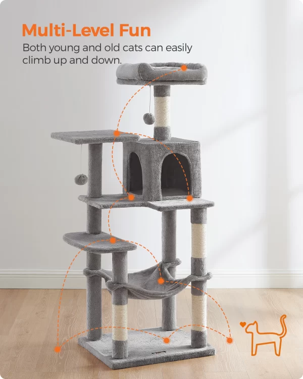 Feandrea Cat Tree, 56.3-Inch Cat Tower for Indoor Cats, Multi-Level Cat Condo with 4 Scratching Posts, 2 Perches, Hammock, Cave - Image 3