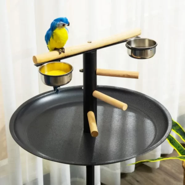 PawHut Bird Play Stand, Portable Parrot Perch, Bird Feeder Station, With Four Wheels, Stainless Steel Feeding Bowls - Image 4