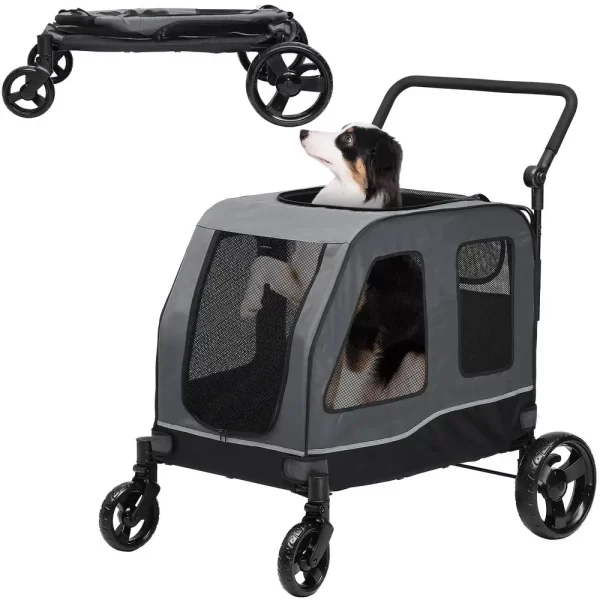Foldable Dog Stroller 4-Wheel Pet Wagon Adjustable Handle Dual-Entry Reflective Strips Washable Pad - Image 2