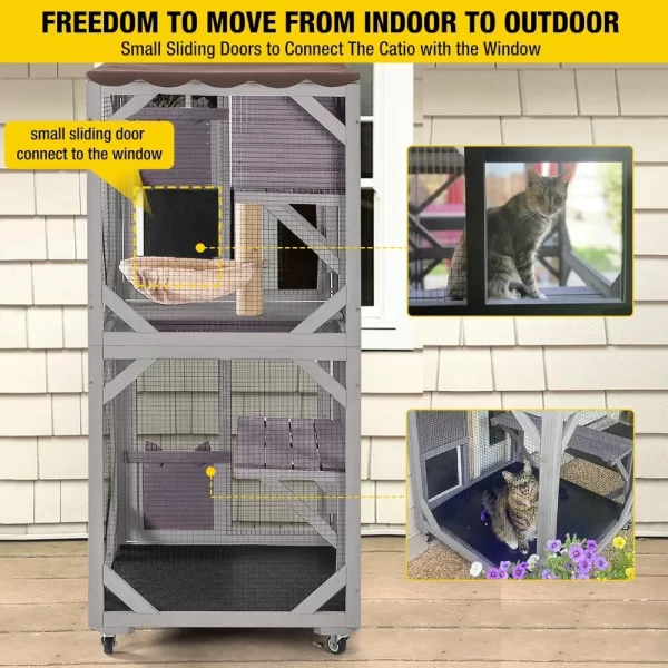 Cat Catio Outdoor House Movable Cat Enclosures on Exercise Wheels Cats Cage with Upgraded Resting Box, Waterproof Cover - Image 3